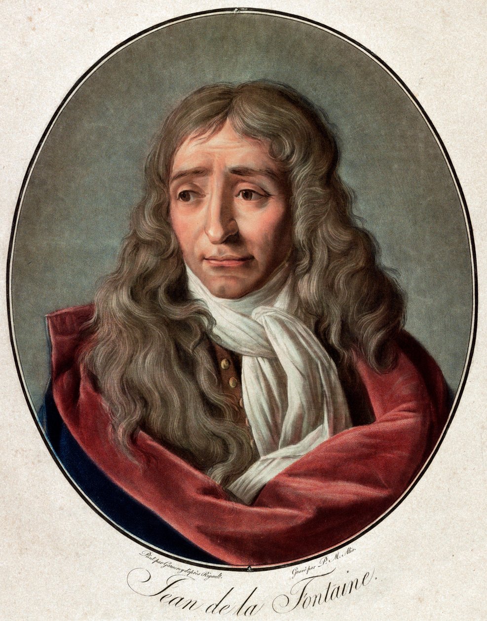 Portret van Jean de La Fontaine (1621-1695), Franse dichter - gravure door Pierre Michel Alix (1762-1817) naar Ambroise Louis Garnerey (1783-1857) door Pierre Michel Alix