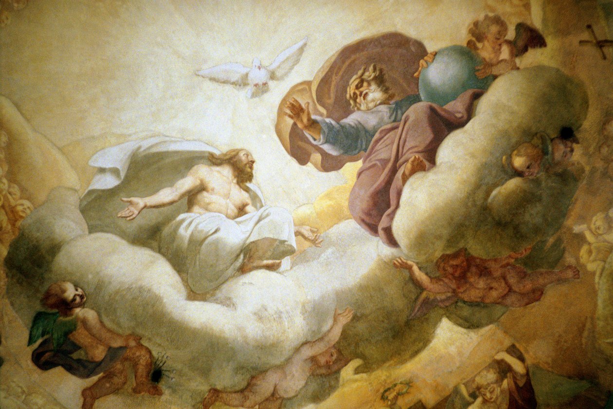 Detail van de schildering van het interieur van de koepel met de Heilige Drie-eenheid door Pierre Mignard