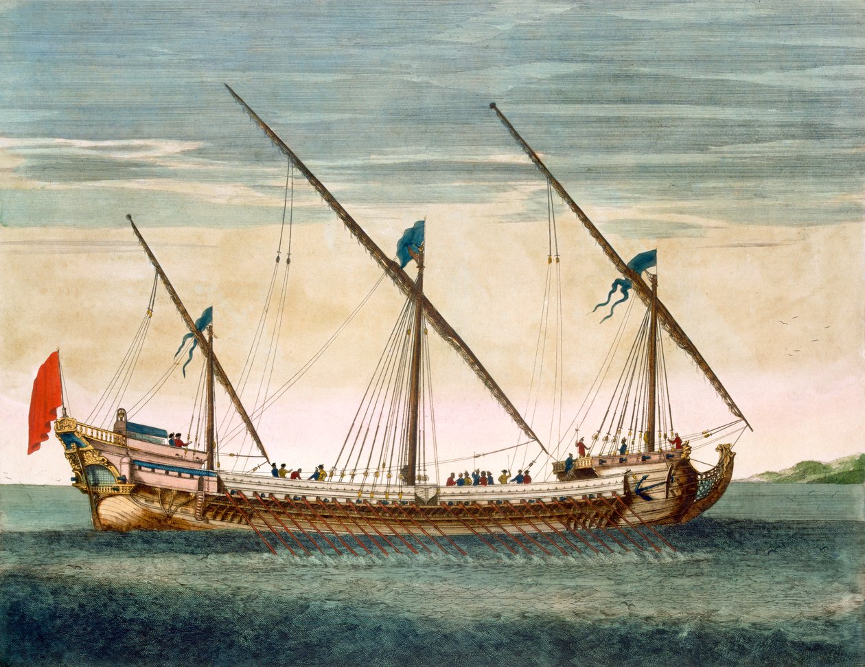 Een driemaster Galei onder zeil, uit Le Naptune Francois, ca. 1693-1700 door Pierre Mortier