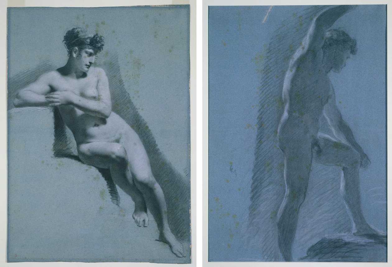 Studie van een naakte vrouw, zittend naar rechts kijkend (recto) Studie van een mannelijk naakt (verso) door Pierre Paul Prud
