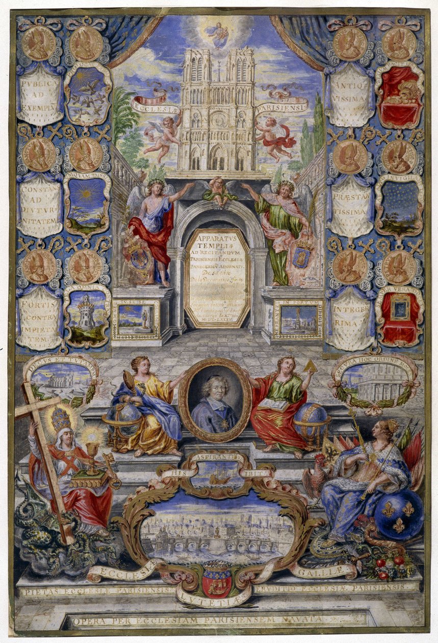 Allegorie van de kerk van Parijs ter gelegenheid van de Herroeping van het Edict van Nantes op 18/10/1685 de vader van Jouvency gaf een preek op het college van Clermont in december 1685 in medaillon de aartsbisschop van Parijs, Harlay de Chanvallon die aa door Pierre Paul Sevin