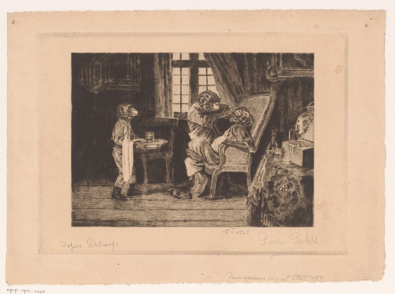 Satirische voorstelling van apen als tandarts, assistent en patiënt door Pierre Peeters (signed by artist)