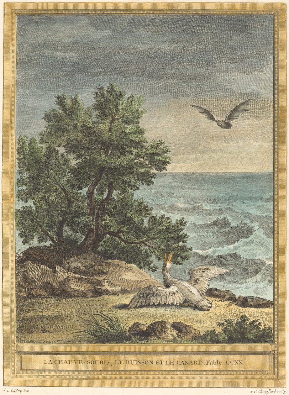 De vleermuis, de struik en de eend door Pierre Philippe Choffard after Jean Baptiste Oudry