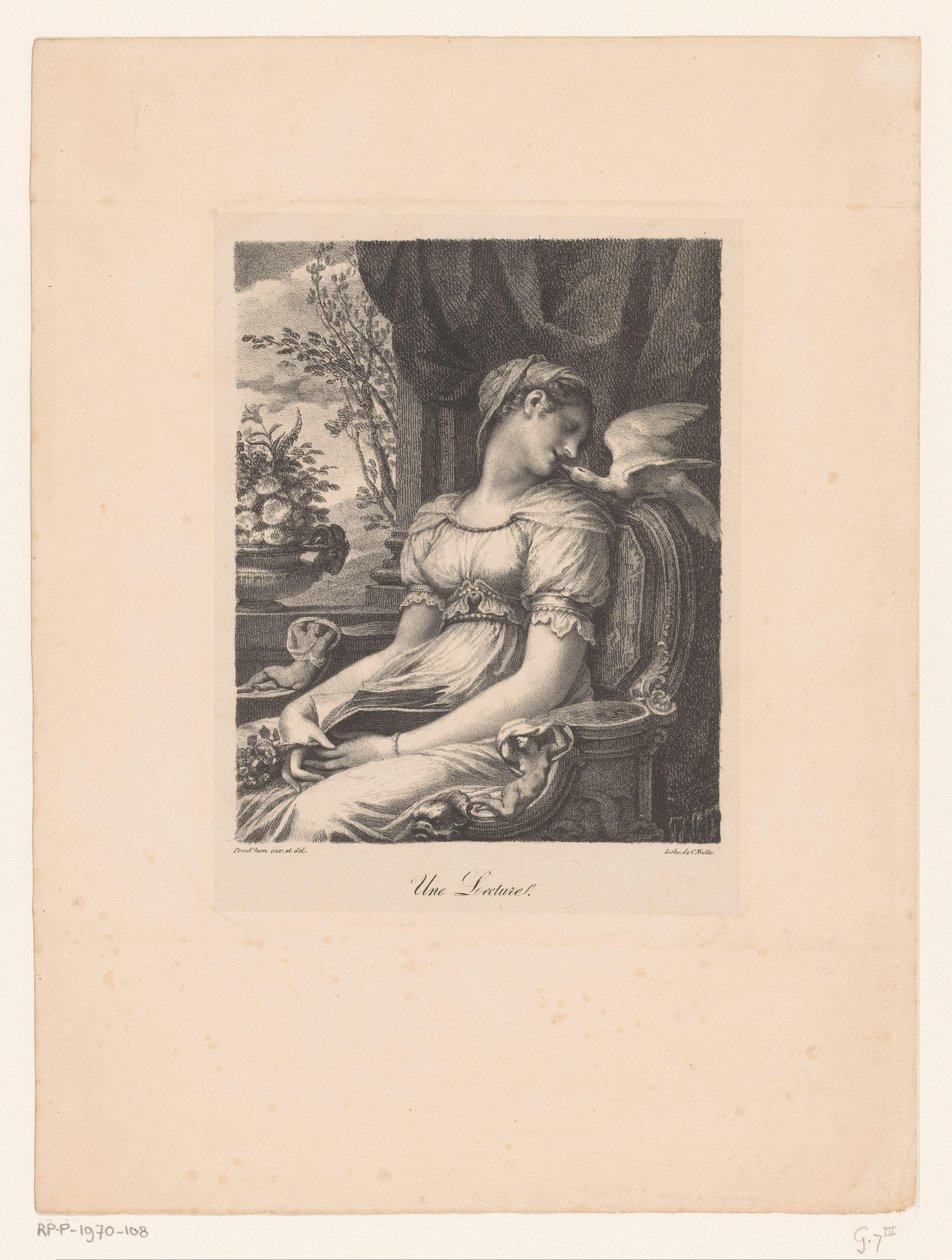 Zittende vrouw met boek en witte vogel door Pierre Prud