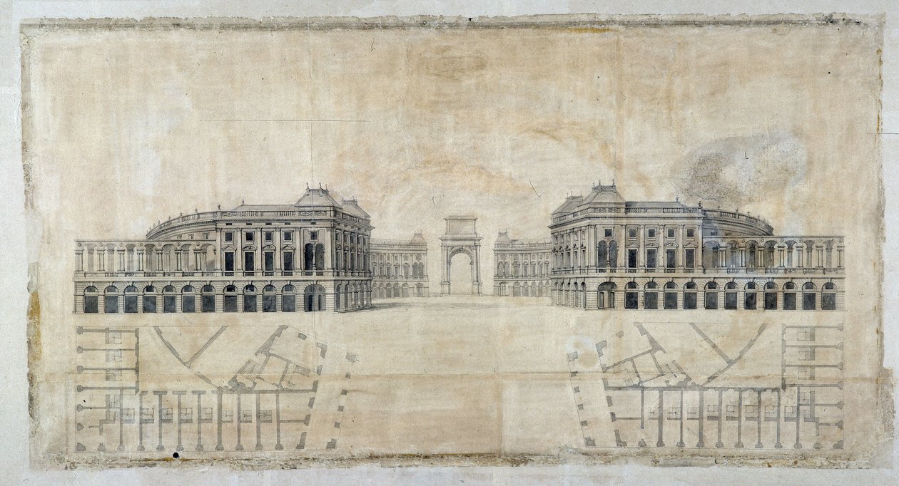 Architectuur: Project van Place Royale voor Marseille, perspectief kijkend naar de haven en plattegrond 1686 door Pierre Puget