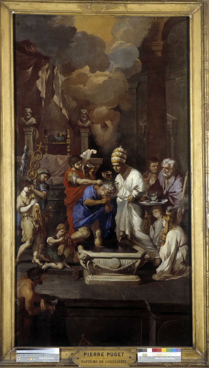 De doop van Constantijn: Keizer Caius Flavius Valerius Aurelius Constantinus ontvangt het sacrament van paus Sylvester I (heilige), in de basiliek van Sint-Jan van Lateranen in Rome door Pierre Puget