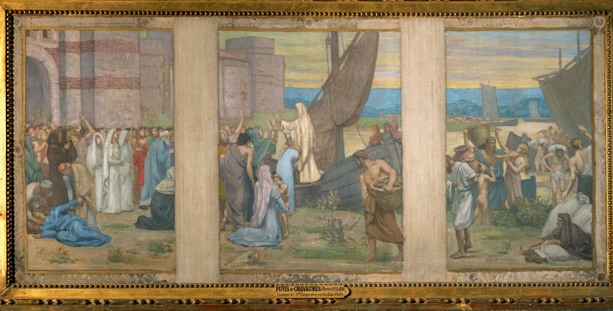 Saint Genevieve brengt verse voorraden naar Parijs, schets voor het Pantheon in Parijs (schilderij op doek) door Pierre Puvis de Chavannes