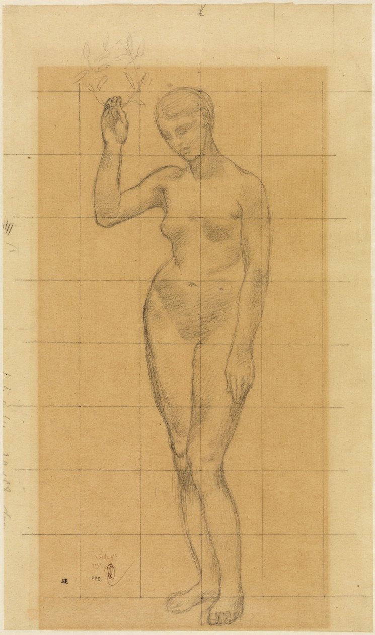Stehender Frauenakt, schräg nach links, einen Kranz in der erhobenen Rechten door Pierre Puvis de Chavannes