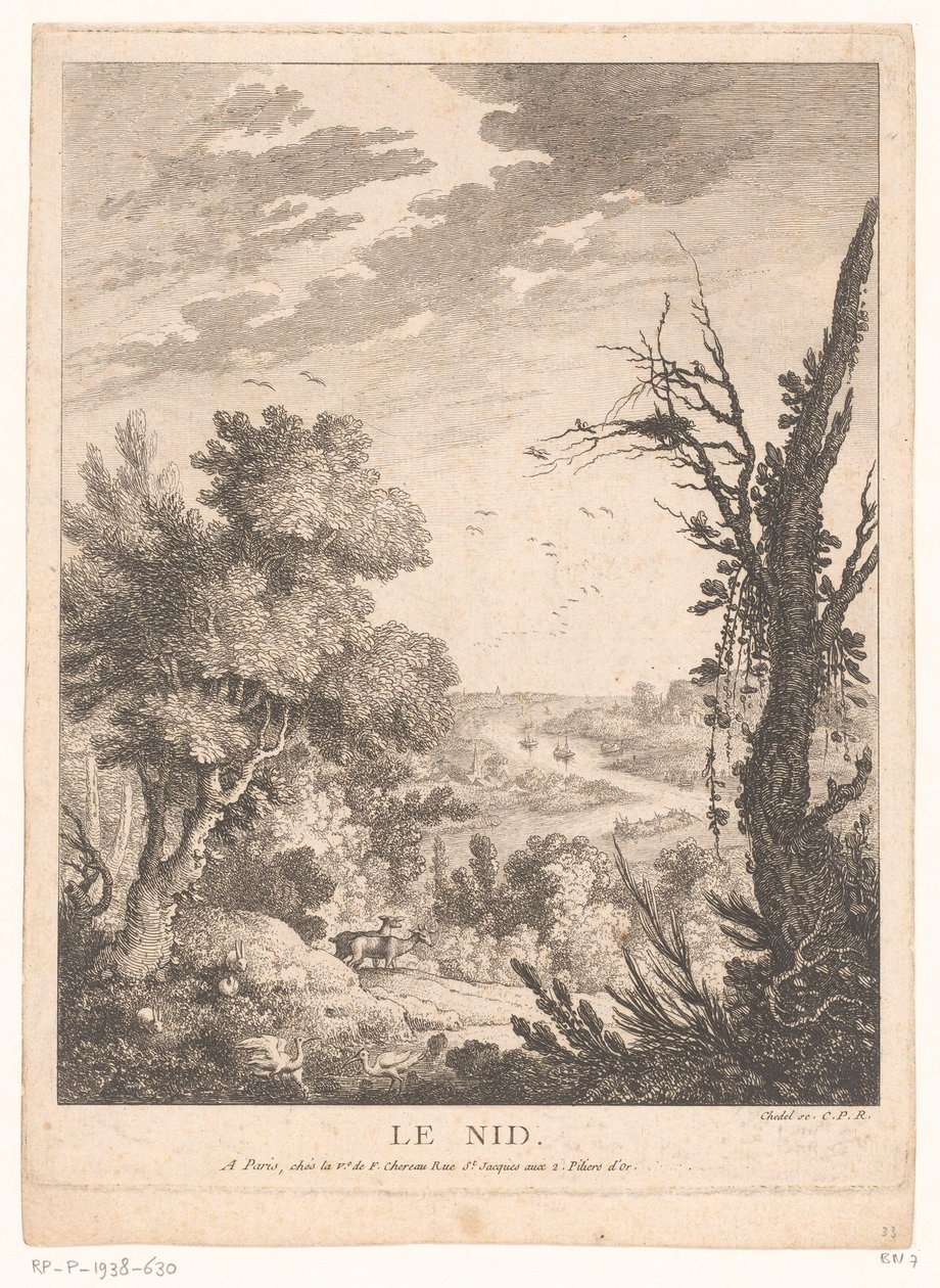 Landschap met herten, konijnen en vogels en op de achtergrond een rivier door Pierre Quentin Chedel