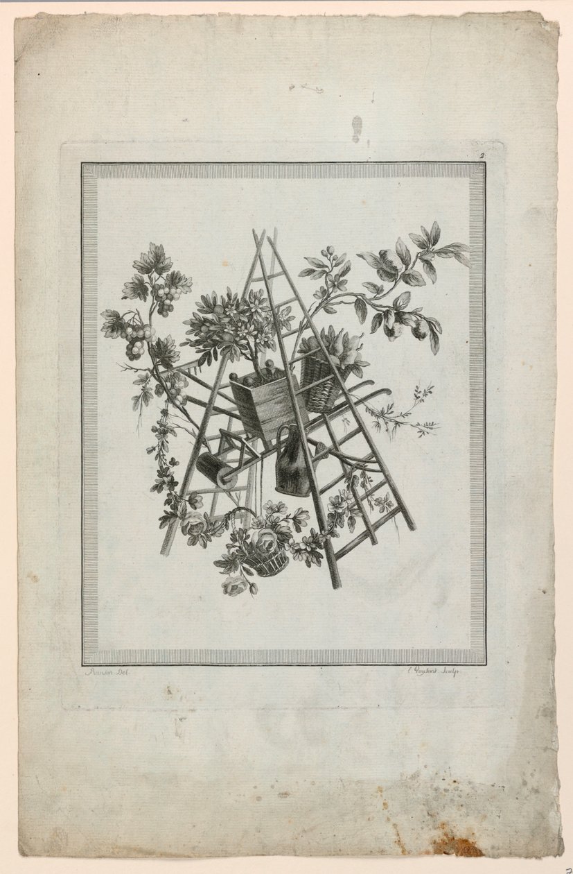 Trofee met tuinierinstrumenten, Plaat 2 uit "Suite de différentes Attributs, Trophées, et Groupes de fleurs," Suite II door Pierre Ranson
