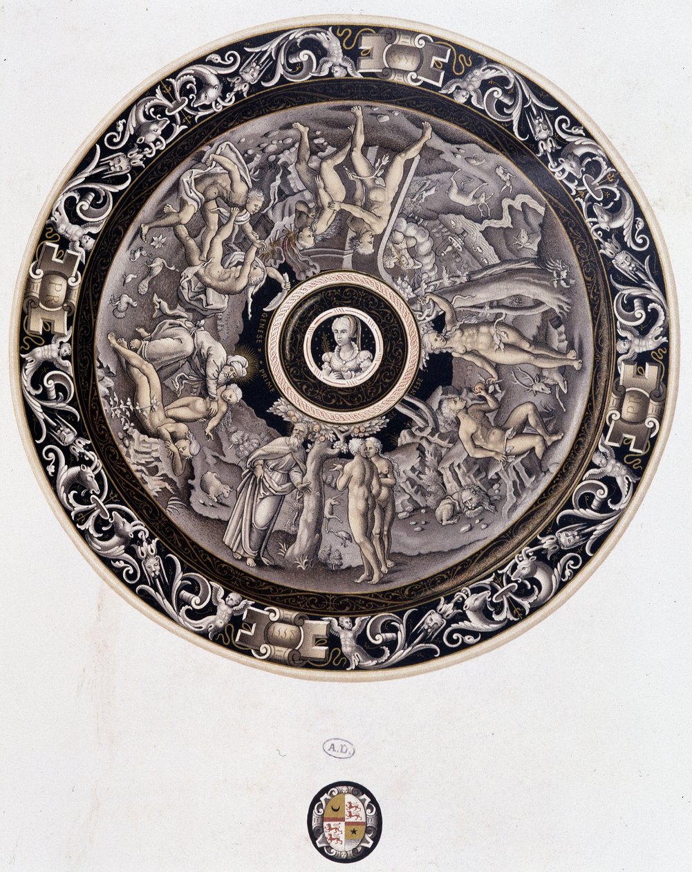 16e-eeuws porseleinen bord dat Genesis voorstelt door Pierre Reymond, Limoges door Pierre Reymond