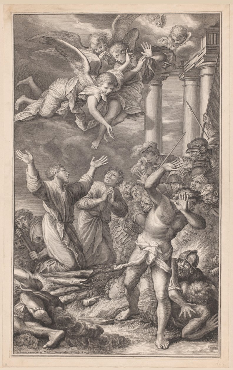 Cosmas en Damianus op de brandstapel, omgeven door soldaten en engelen door Pierre Simon (I)