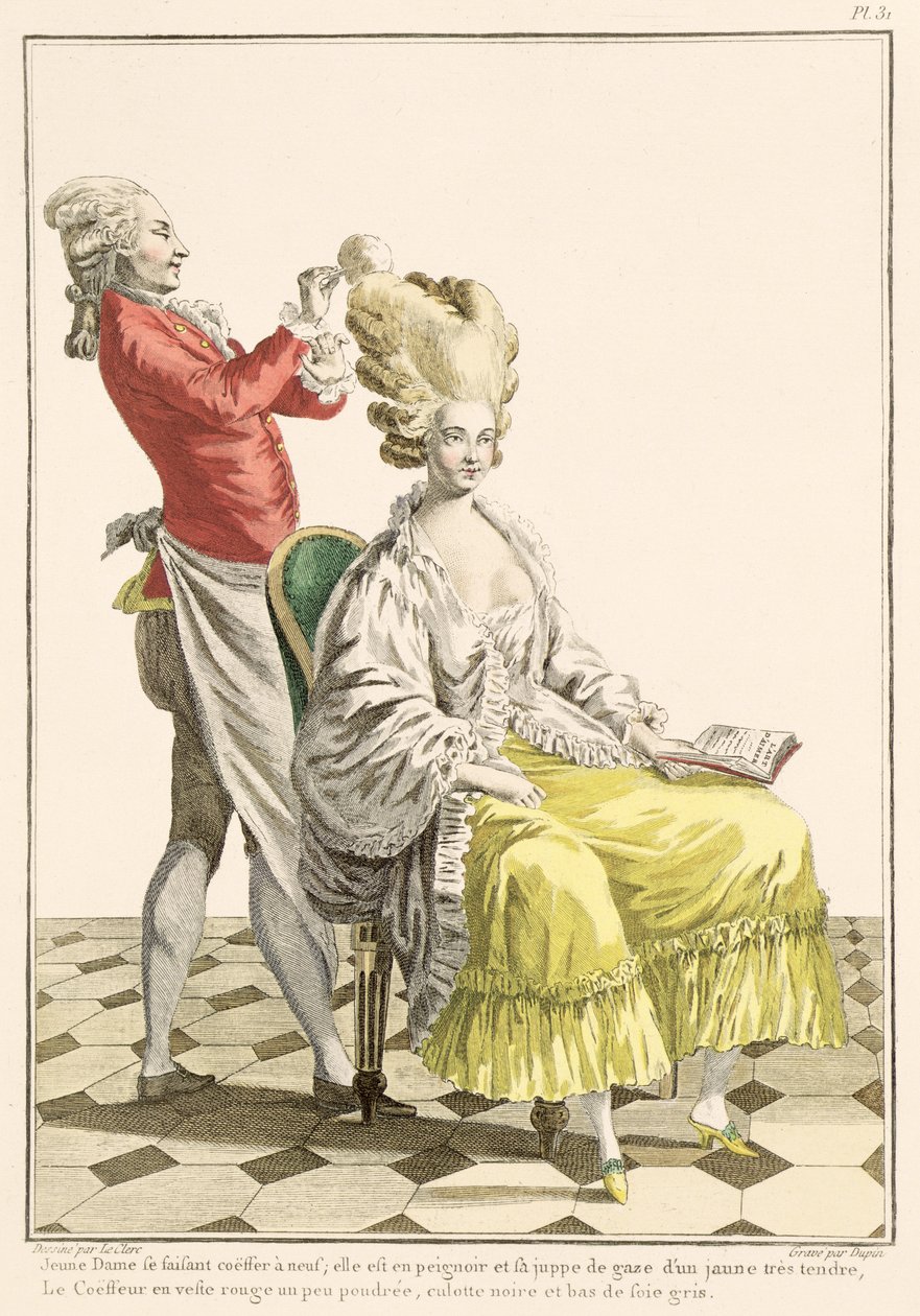 Een jonge vrouw in een peignoir met haar kapper, plaat 31 uit 