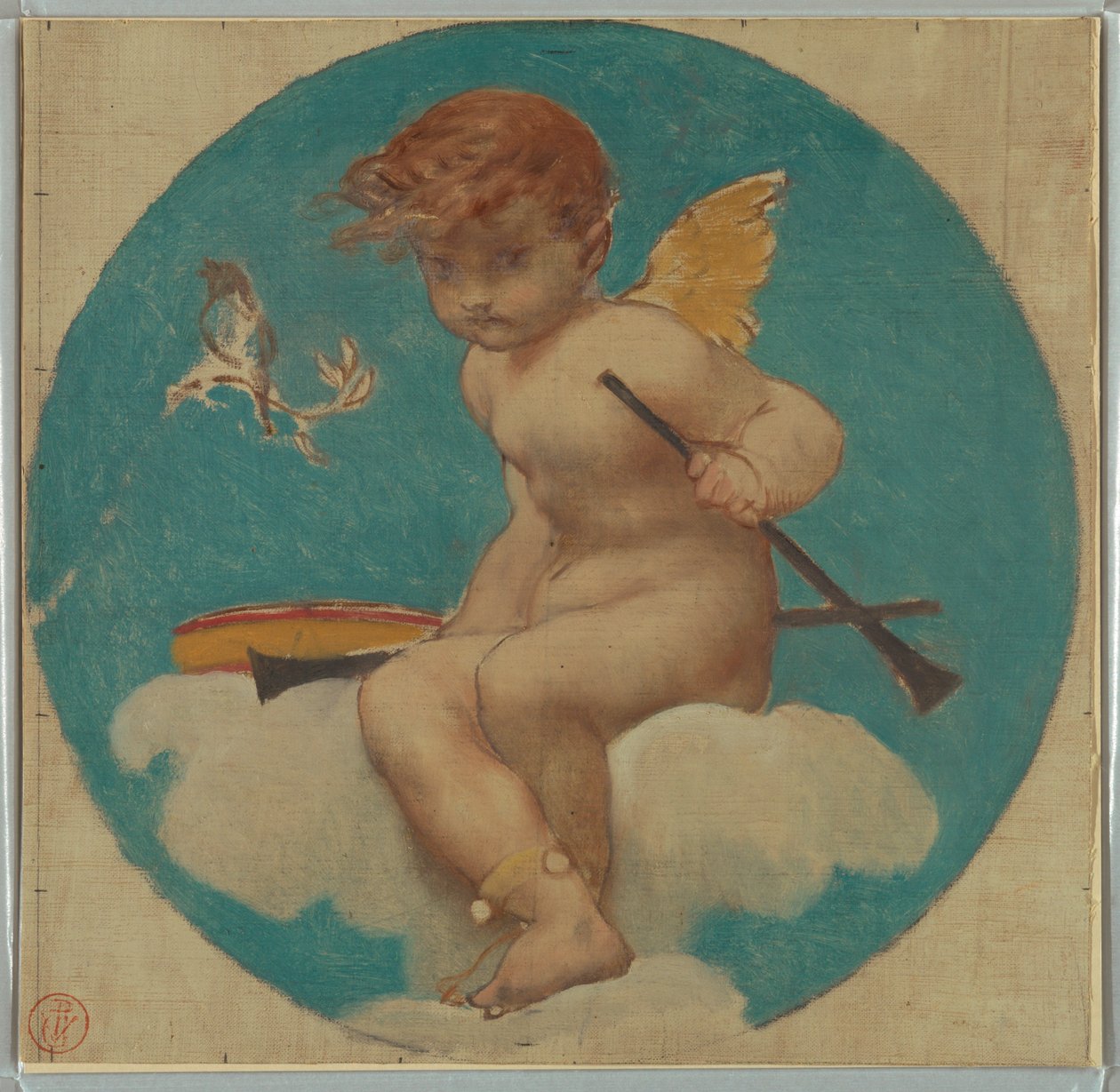 Studie voor Rondel met Putto die Muziekattributen vasthoudt door Pierre Victor Galland