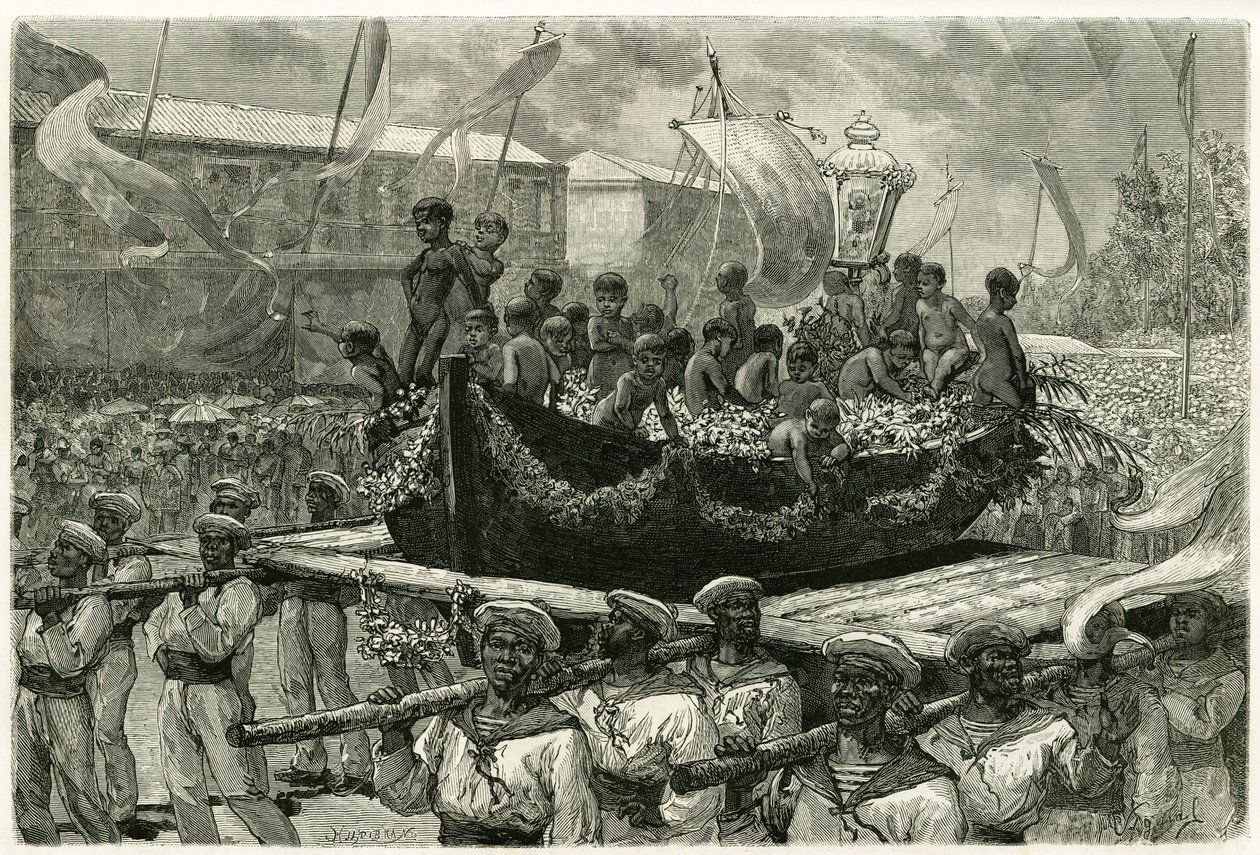 De processie van de Cirio aan de vooravond van Allerheiligen, religieus en populair, het beeld van de Maagd wordt door de stad vervoerd op de kano van een schip dat in 1793 is verdwenen, waarvan de overlevenden ex-voto de Wonderbaarlijke Maagd aanboden. Gr door Pierre Vignal