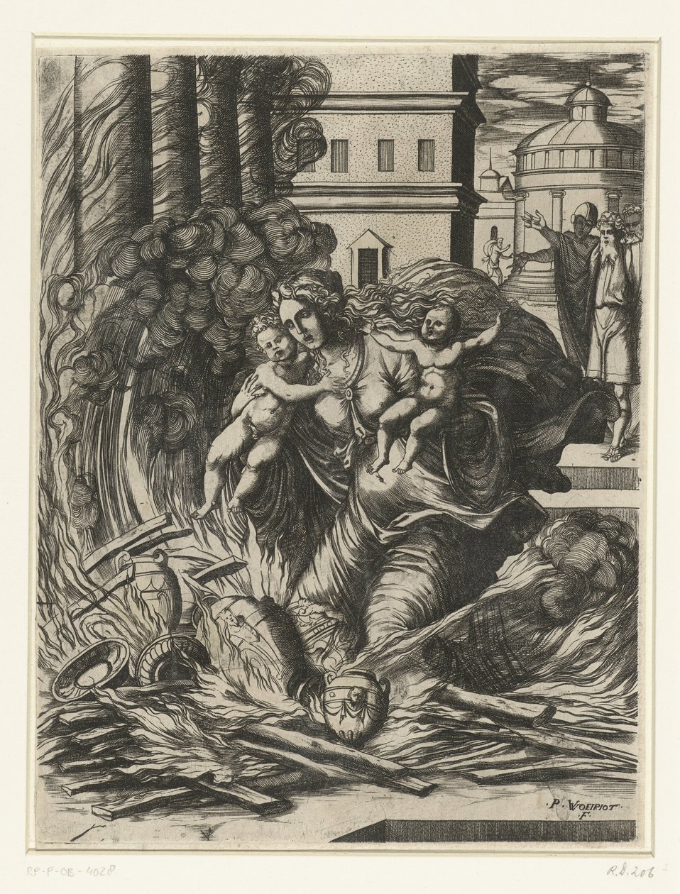 De vrouw van Asdrubal stort zich in de brandende tempel door Pierre Woeiriot (II)