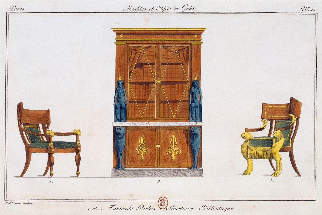 Fauteuils en bibliotheek schrijftafel, plaat 12, illustratie uit Collection de meubles et objects de gout (Collectie van meubels en smaakvolle objecten) door Pierre de La Mesangere