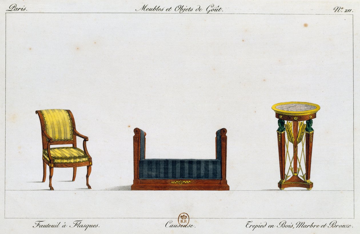 Fauteuil met flens, loveseat en driepoottafel, plaat 211, illustratie uit Collection de meubles et objects de goût (Collectie van meubels en smaakvolle objecten) door Pierre de La Mesangere