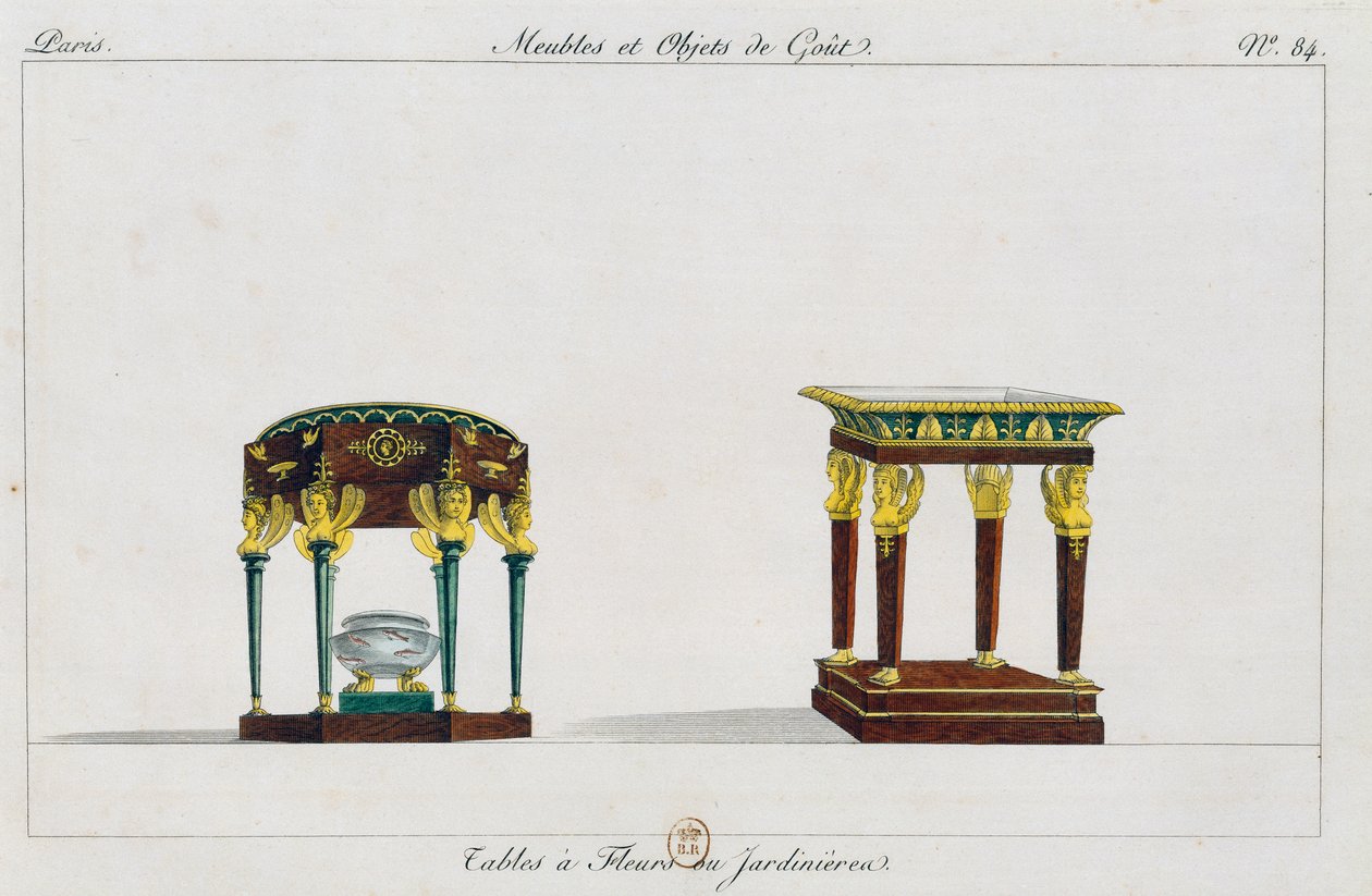 Tafels voor bloemen of bloemenstandaards, plaat 84, illustratie uit Collection de meubles et objects de goût (Collectie van meubels en smaakvolle objecten) door Pierre de La Mesangere