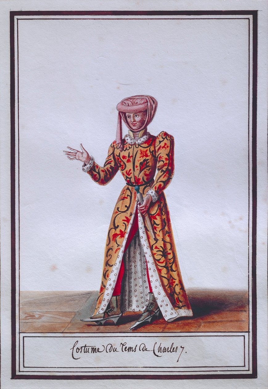 Damesmodeplaat met kostuum uit de tijd van Karel VII door Pierre de La Mesangere