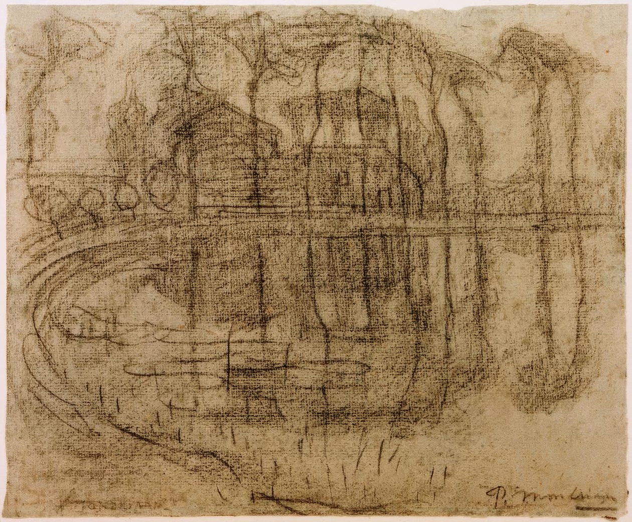 Boerderij met bomen aan het water door Piet Mondrian