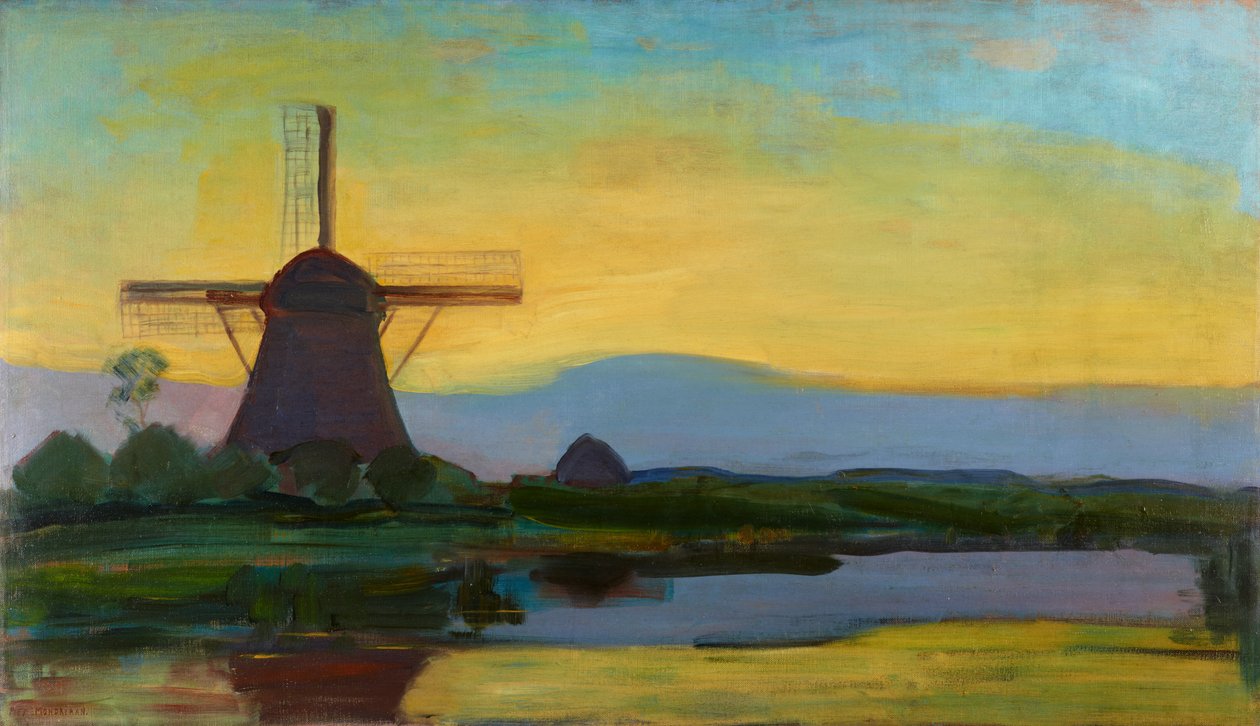 Oostzijdse molen met uitgebreide blauwe, gele en paarse lucht, ca. 1907-begin 1908 door Piet Mondrian