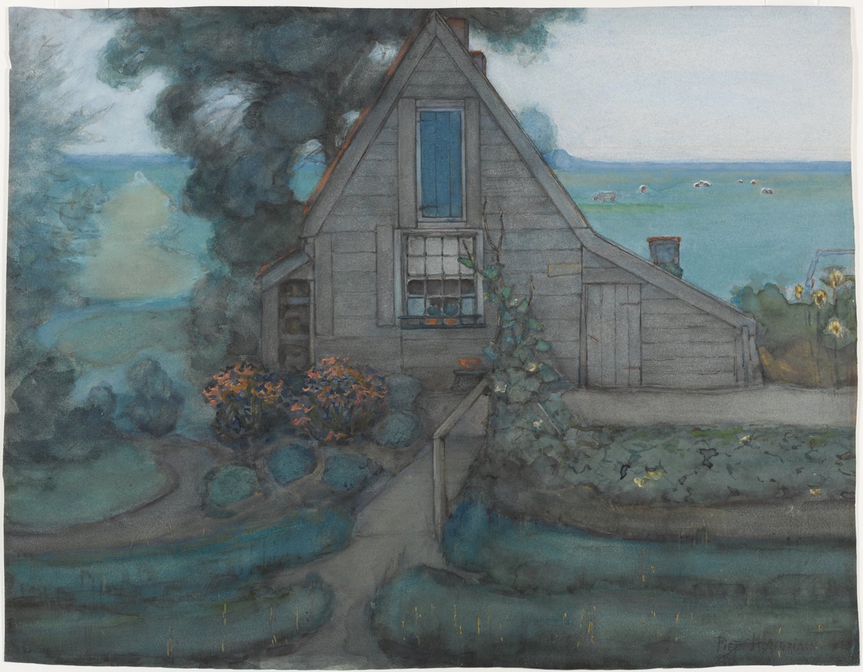 Gevel van een boerderij met polder in blauw door Piet Mondrian
