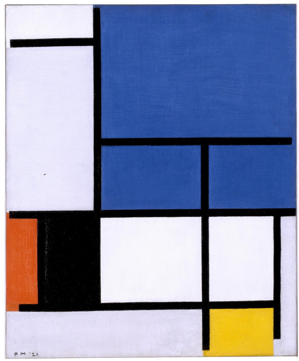 Compositie met Grote Blauwe Vlak, Rood, Zwart, Geel en Grijs door Piet Mondrian