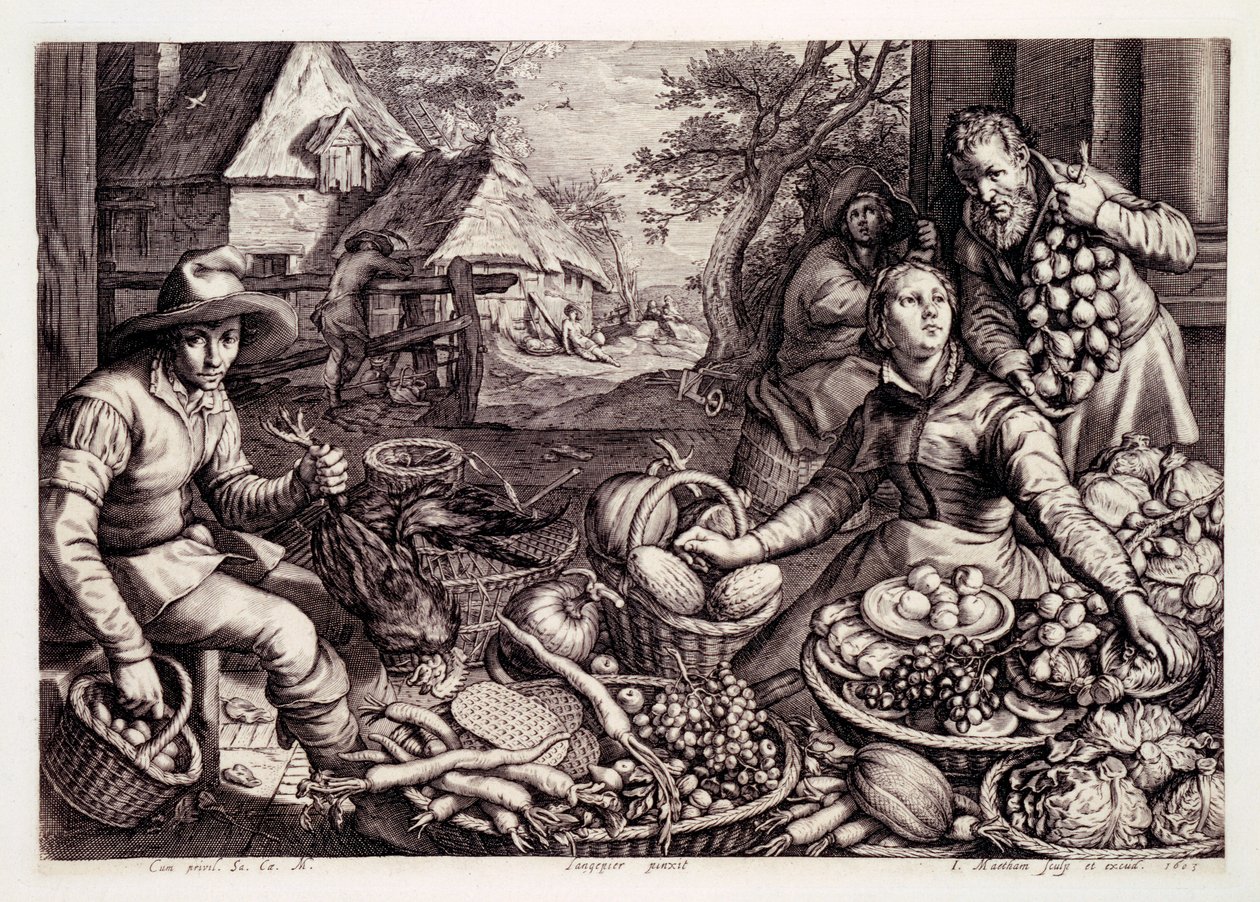 Herfstproducten en wild, prent gemaakt door Jacob Matham, 1603 door Pieter Aertsen