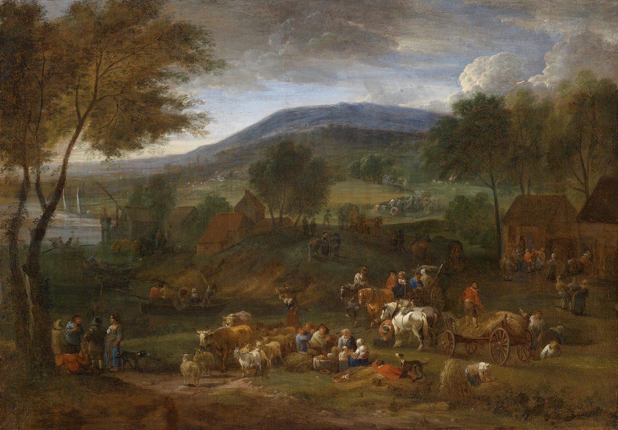 Uitgestrekt landschap met boerenstafage door Pieter Bouts