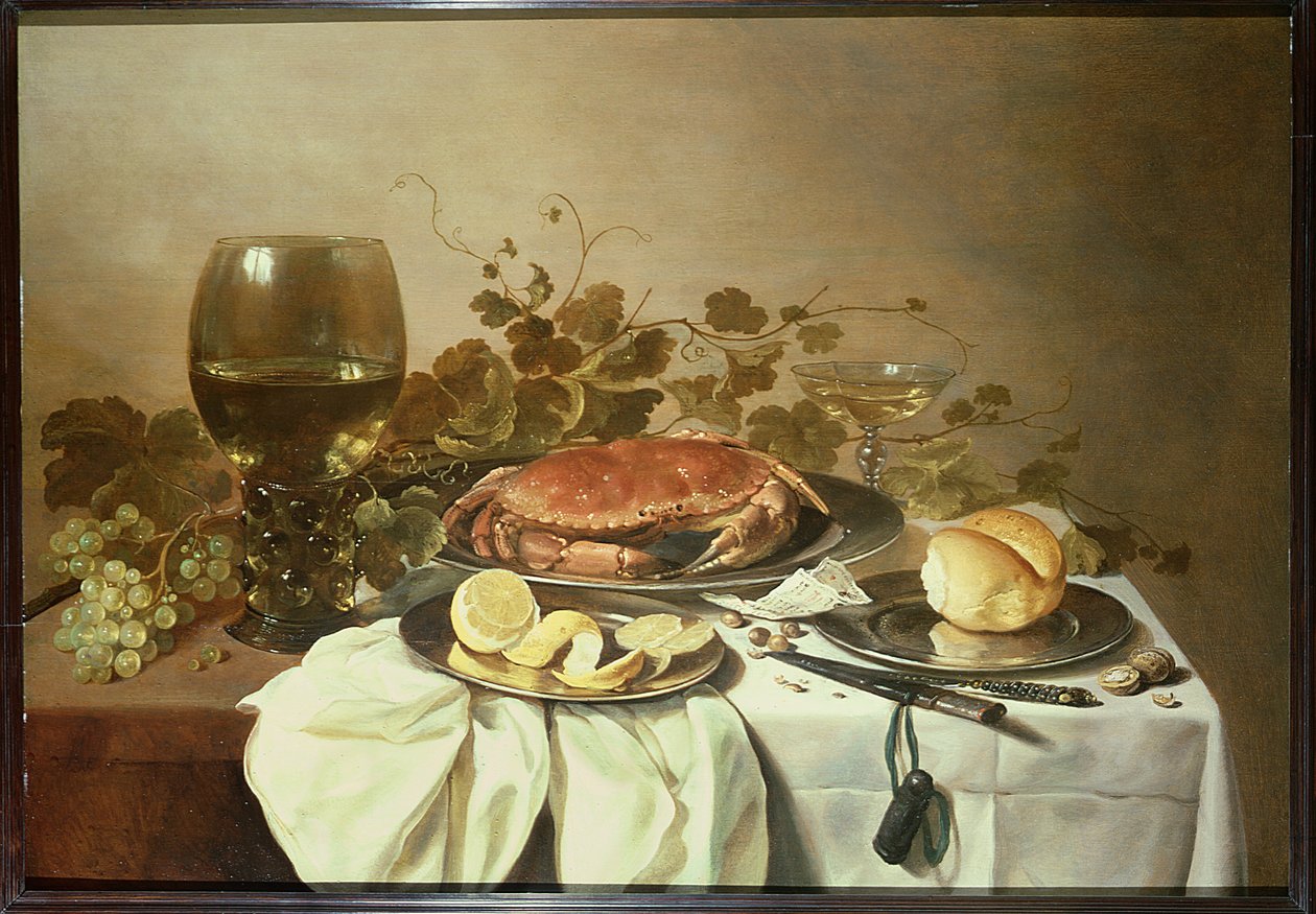 Ontbijt stilleven met roemer en een krab door Pieter Claesz