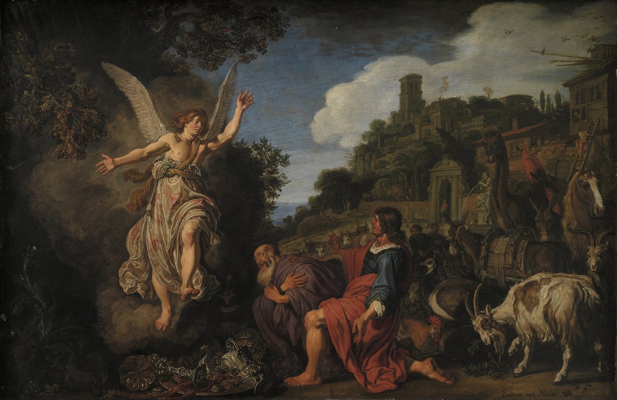 De engel Rafaël neemt afscheid van oude Tobit en zijn zoon Tobias door Pieter Lastman