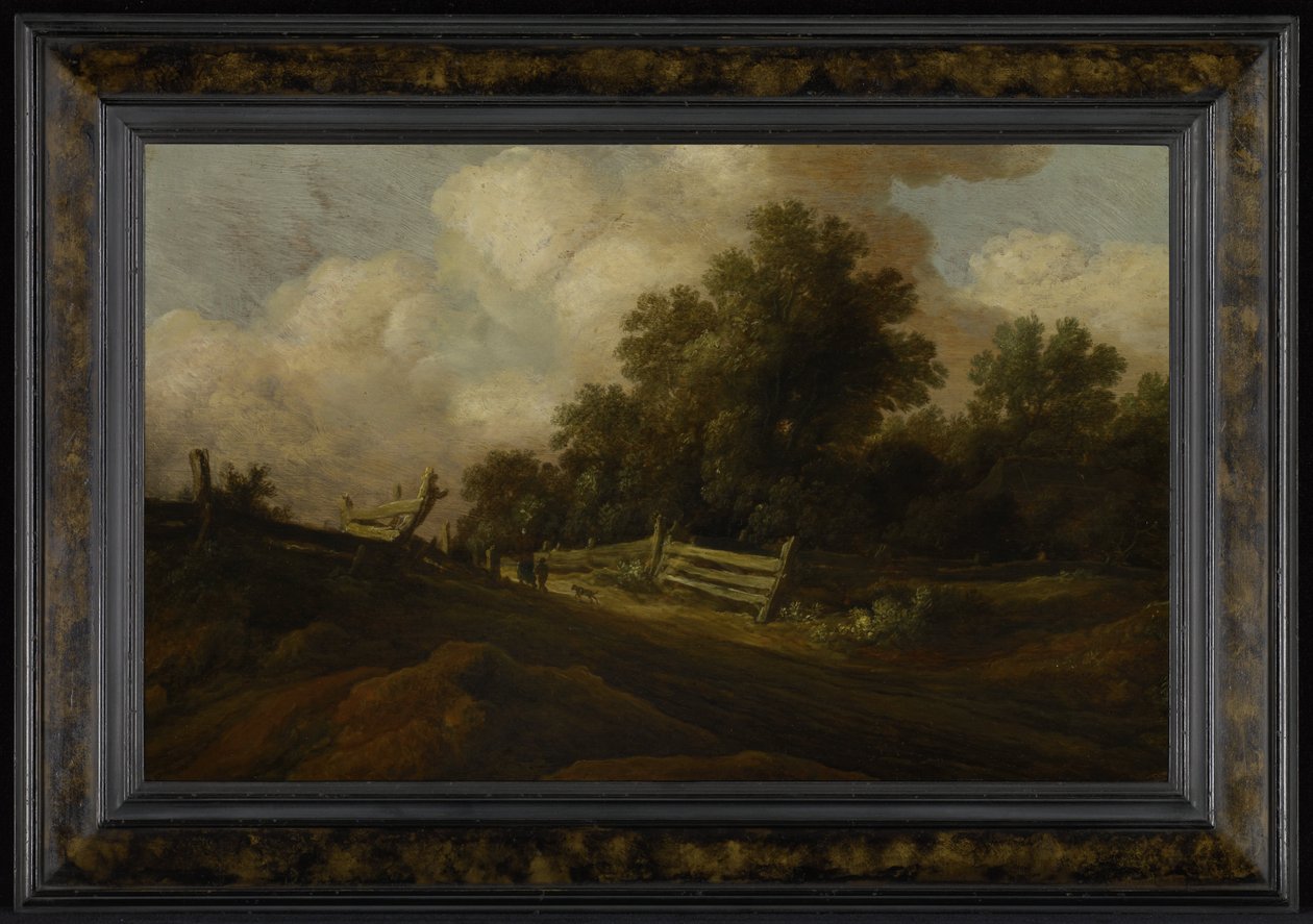 Landschap met twee figuren en een hond door Pieter Molyn