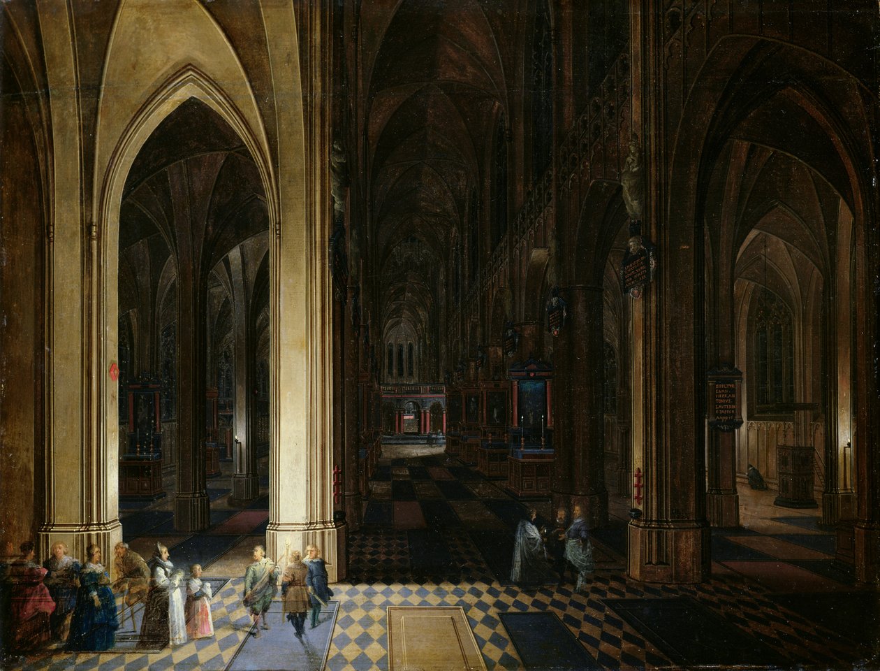 Het interieur van de kathedraal van Antwerpen bij kaars- en fakkellicht door Pieter Neefs