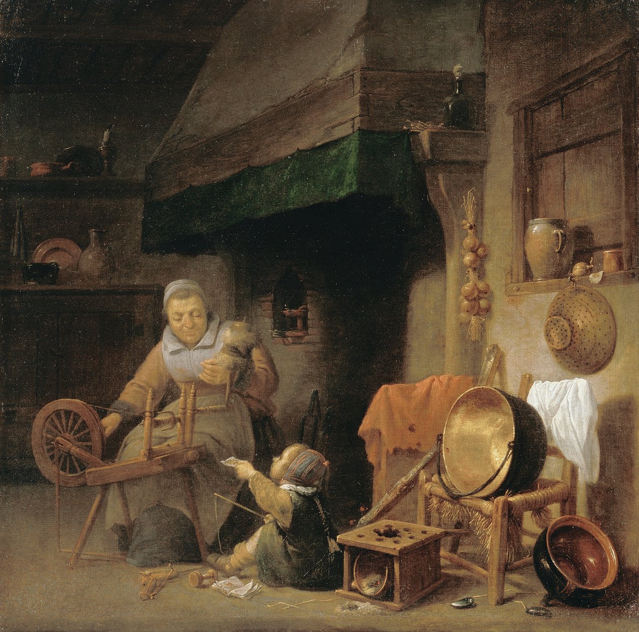 Vrouw aan het spinnen door Pieter de Nys