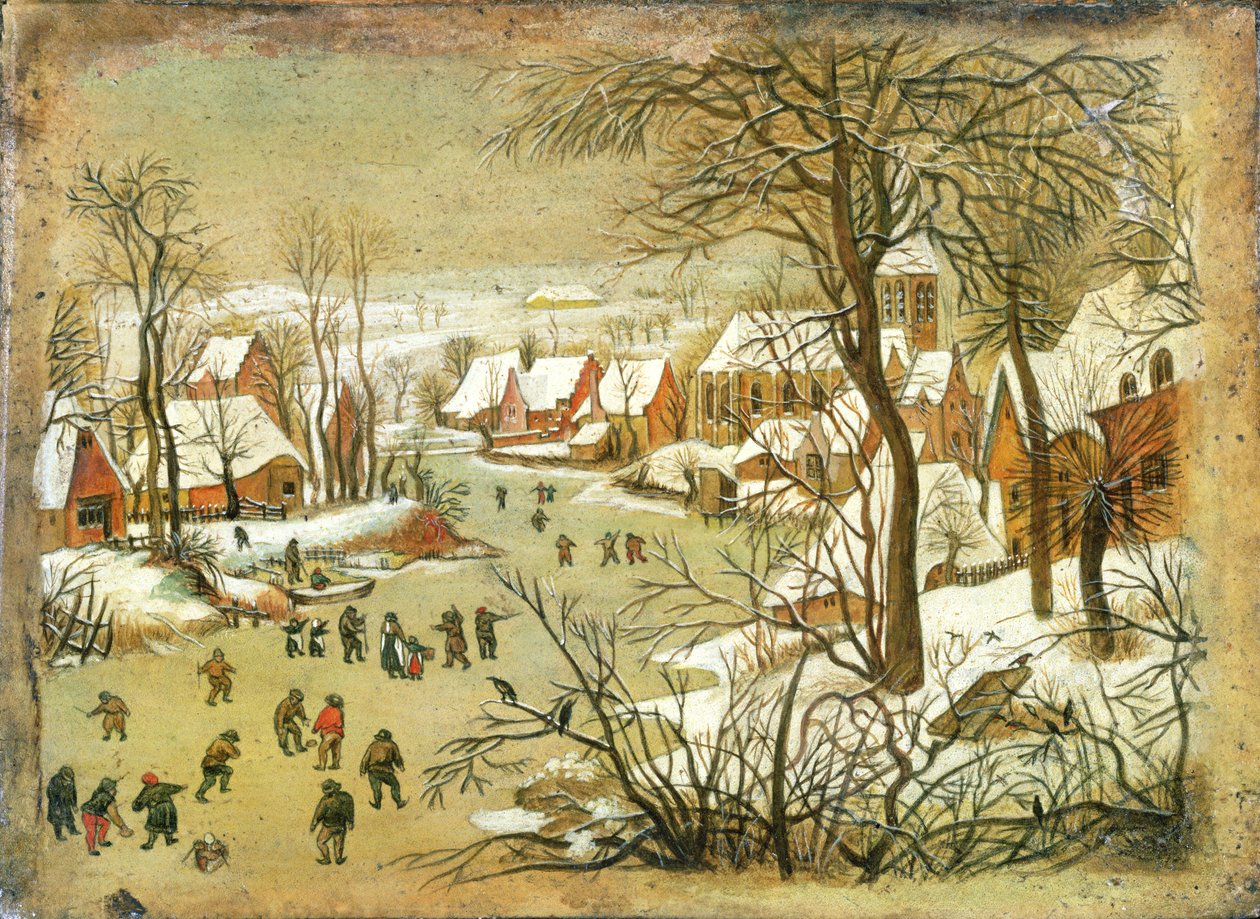 Winterlandschap met figuren op een Bevroren Rivier door Pieter Bruegel the Elder