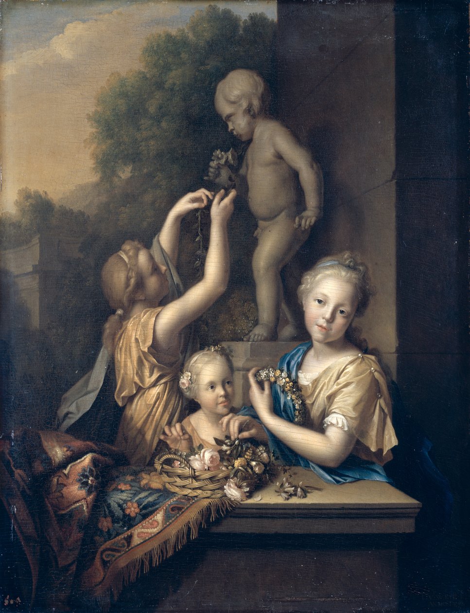 Drie meisjes offeren bloemen aan Amor door Pieter van der Werff