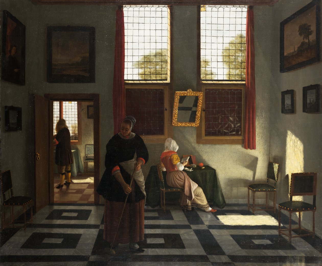 Interieur met Schilder, Vrouw Lezend en Dienstmeid Aan het Vegen, ca. 1665-70 door Pieter (1623 82) Janssens