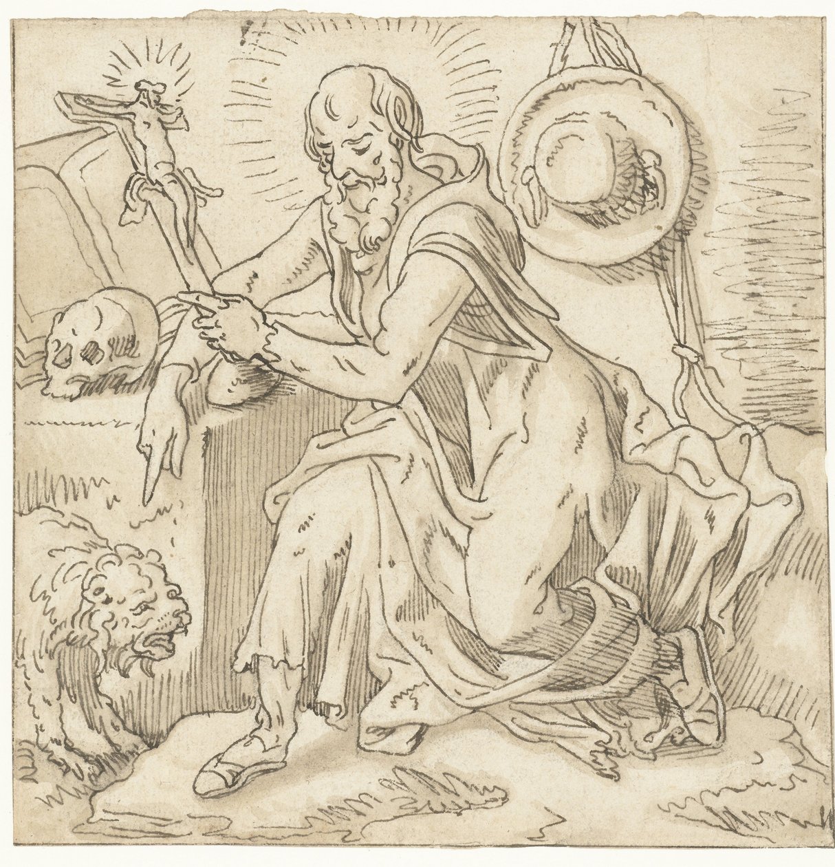 Heilige Hieronymus gezeten bij een crucifix, boek en schedel door Pieter Aertsen (workshop of)