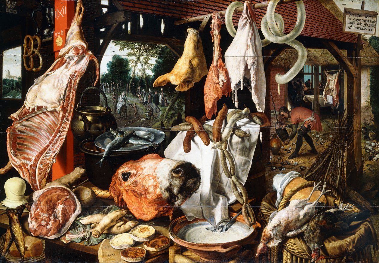 Een slagerskraam met de Heilige Familie op de vlucht naar Egypte door Pieter Aertsen