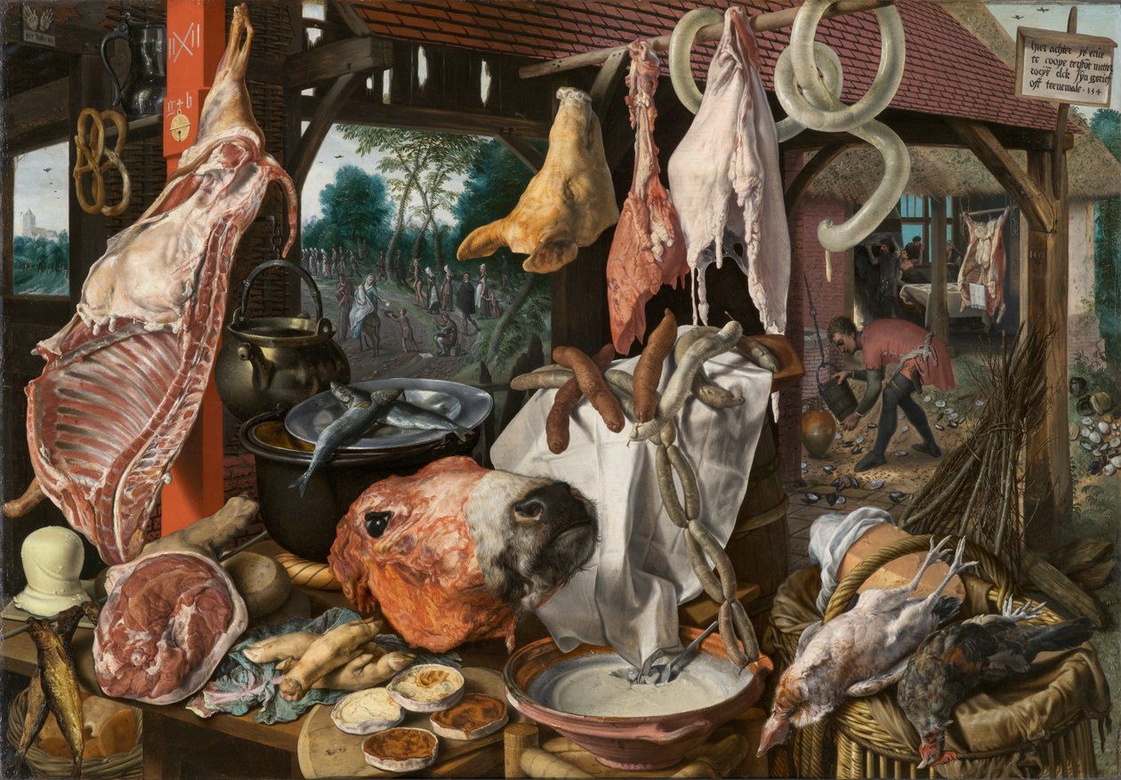 Een vleesstal met de Heilige Familie die aalmoezen geeft (De slagerskraam) door Pieter Aertsen