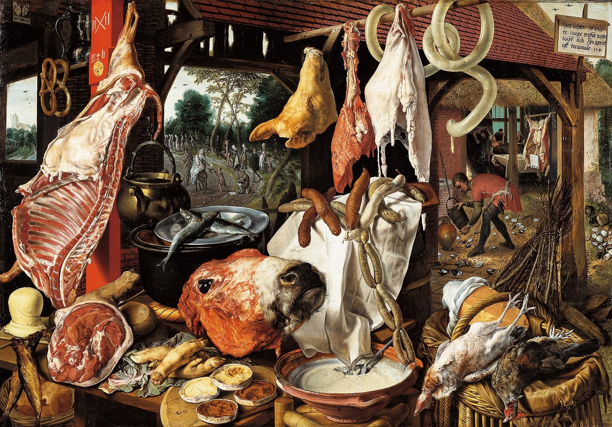 Slagerskraam met de Vlucht naar Egypte door Pieter Aertsen