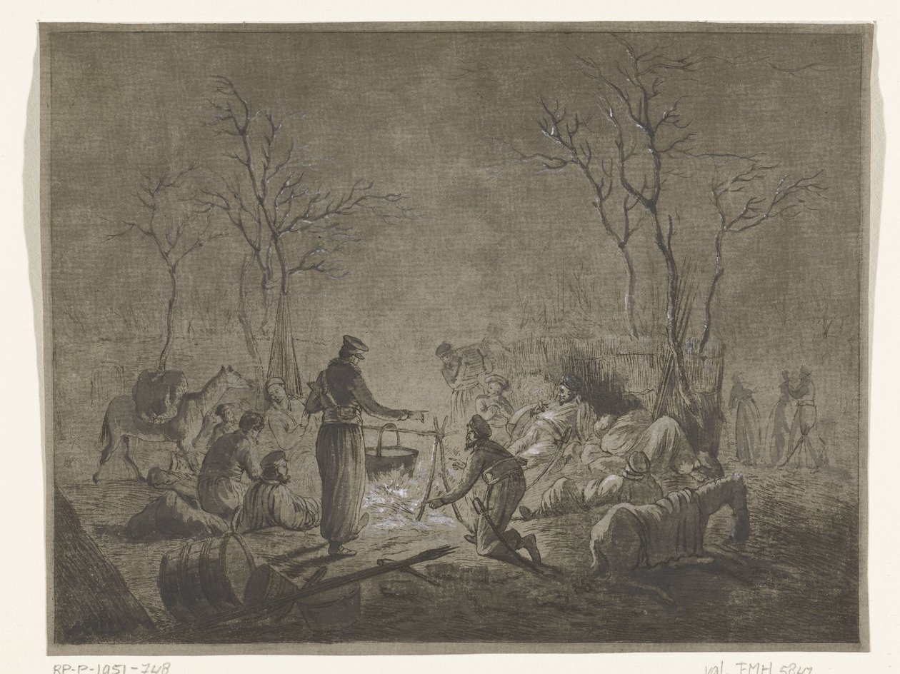 Bivak van Kozakken bij vuur tijdens Franse bezetting in 1813 te Amsterdam door Pieter Bartholomeusz. Barbiers
