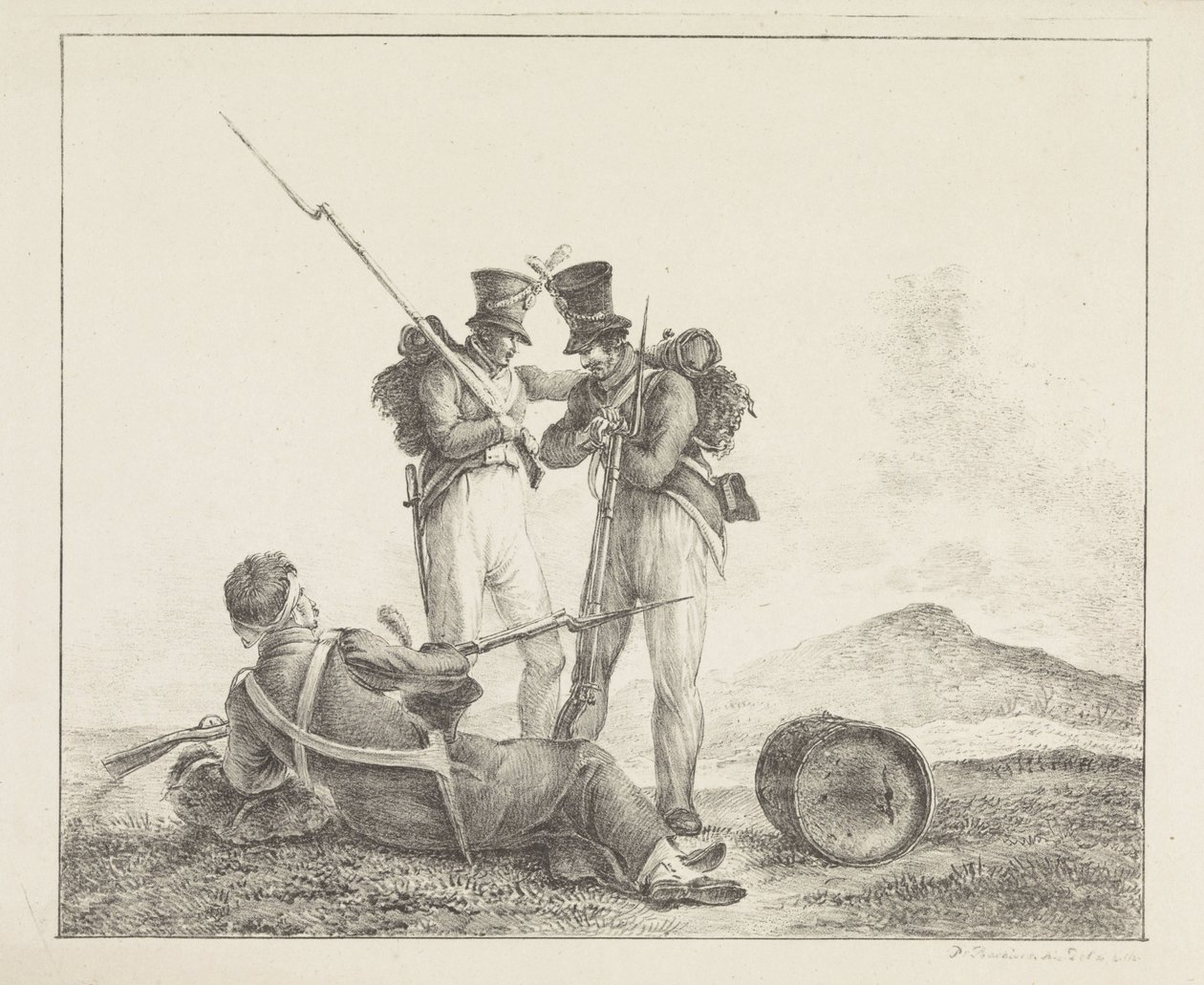 Drie soldaten op het slagveld door Pieter Bartholomeusz. Barbiers