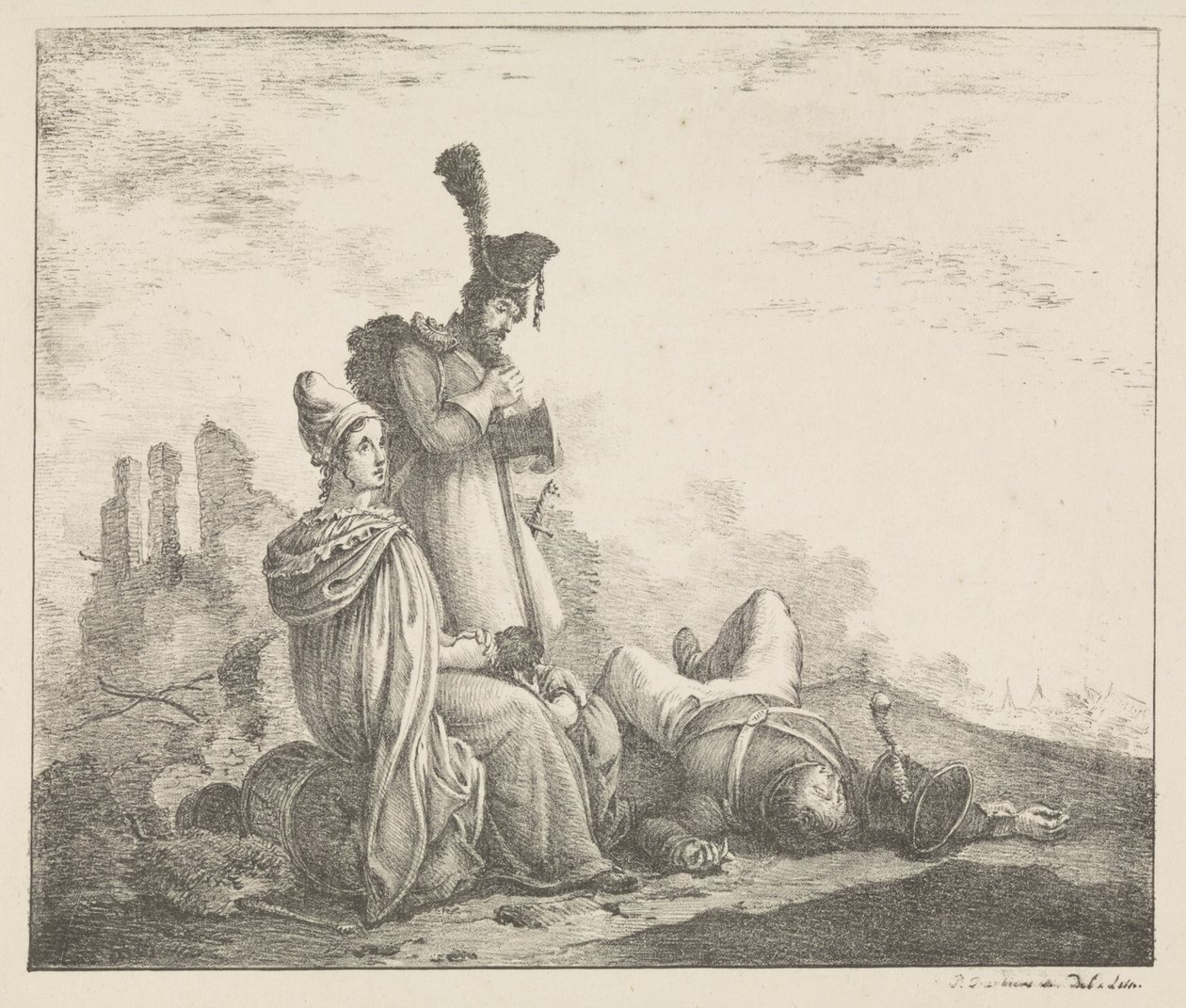 Treurend gezelschap bij dode soldaat door Pieter Bartholomeusz. Barbiers