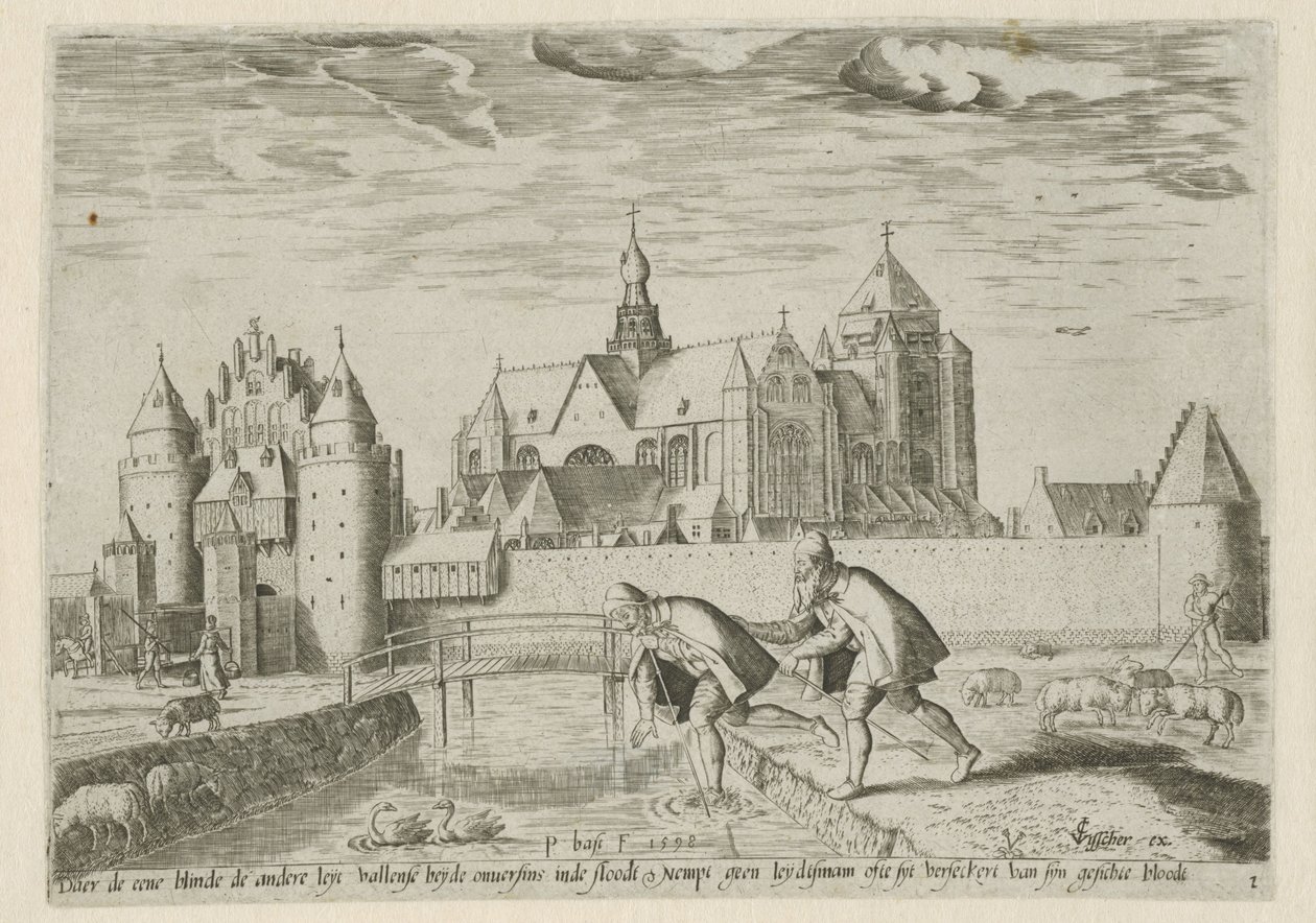 Gezicht op Veere, met het spreekwoord: de ene blinde leidt de andere door Pieter Bast