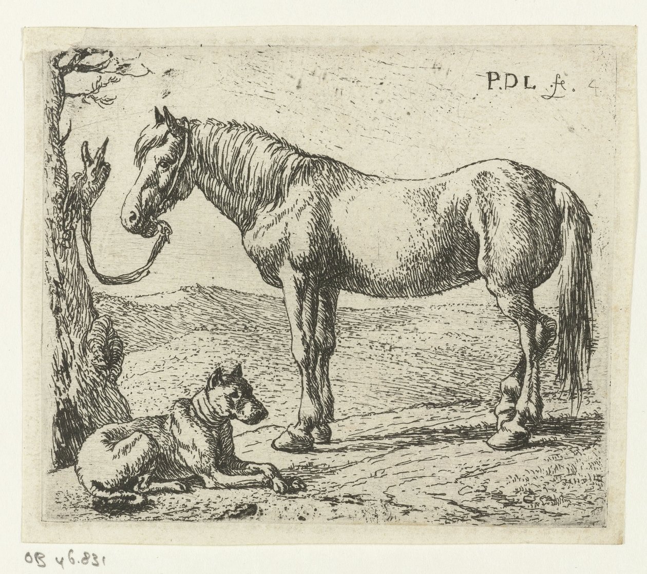 Paard en hond in een weide door Pieter Bodding van Laer