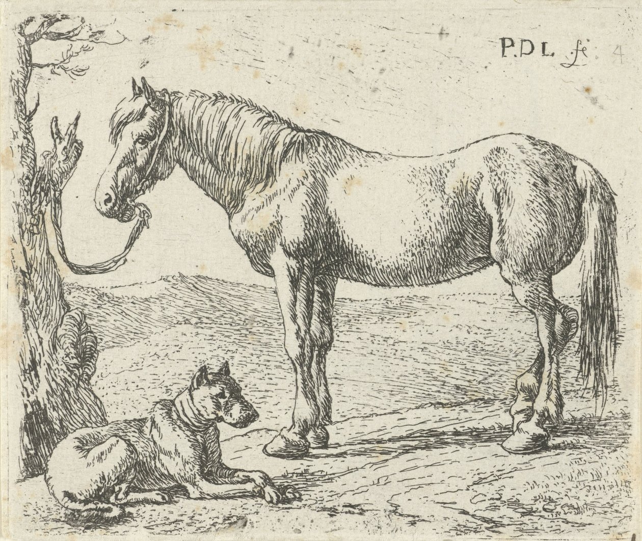 Paard en hond in een weide door Pieter Bodding van Laer