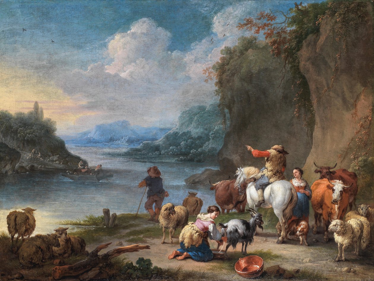 Veehoeders en hun kudde rusten uit naast een rivier door Pieter Bout