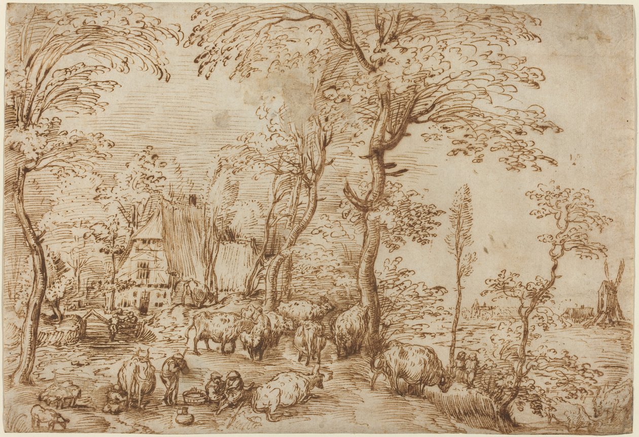 Boeren en Vee bij een Boerderij door Pieter Bruegel the Elder